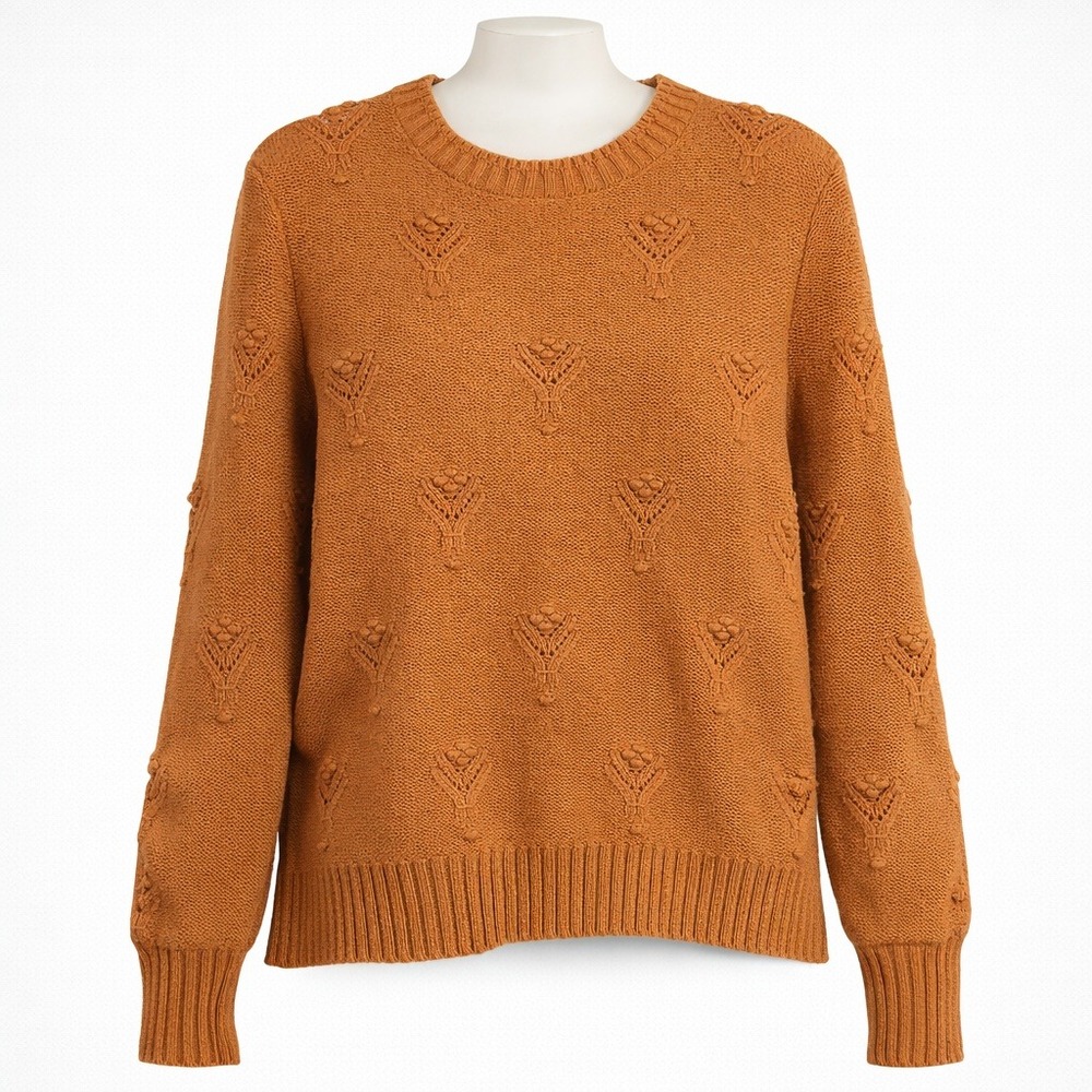 Loft Floral Chunky Knit Sweater Size L Orange Rust Cottagecore Fisherman Preppy‎